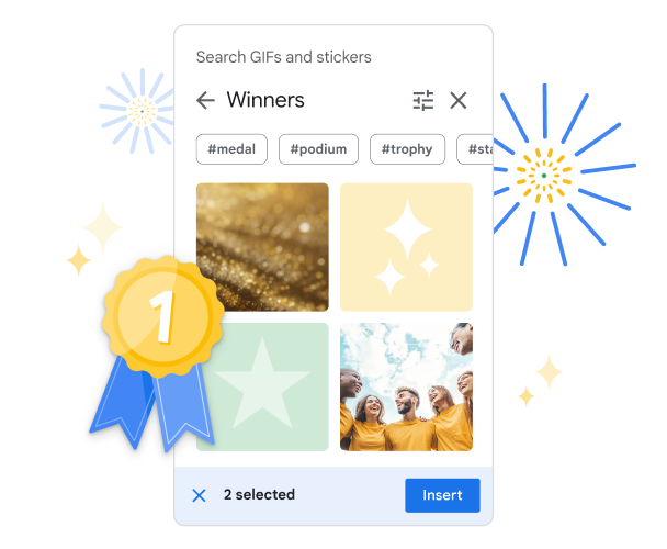 Google 簡報中的 GIF 和貼圖小工具，顯示一系列「獲勝者」主題貼圖。