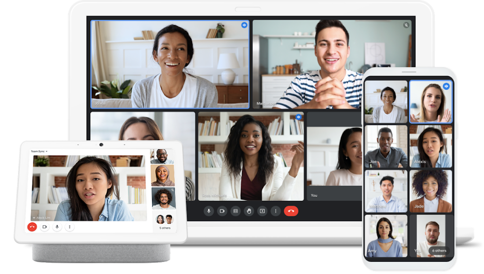 筆電、Google Home 裝置和 Pixel 手機分別顯示正在使用 Google Meet 和 Duo 進行視訊會議的畫面