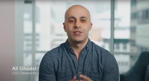 Databricks CEO Ali Ghodsi, der auf Kamera zugewandt sitzt, trägt ein graues Hemd. Im Hintergrund ist ein Fenster zu sehen