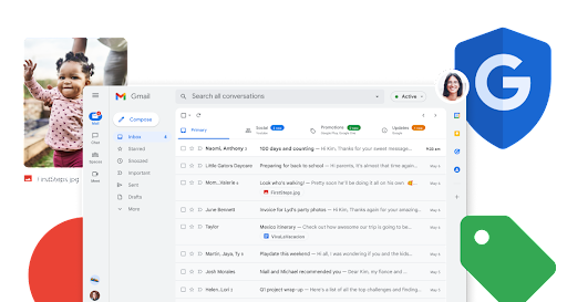 हॉरिज़ॉन्टल तरीके से व्यवस्थित किए गए फ़ंक्शन के बड़े साइज़ वाले आइकॉन के साथ Gmail के इनबॉक्स की स्क्रीन