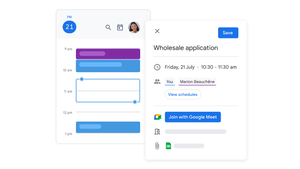 IU de Google Agenda présentant une employée en train de planifier une réunion intitulée « Application pour la vente au détail ». 