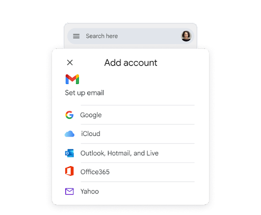 Egy egyszerűsített telefonos felhasználói felületen a „Fiók hozzáadása” fejléc látható, amely különböző e-mail-szolgáltatások ikonjait mutatja, jelezve a különböző e-mail szolgáltatók egyszerű hozzáadását a Gmail alkalmazáshoz.