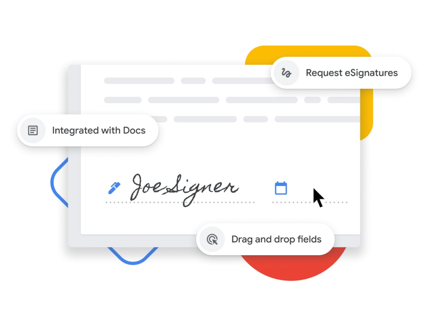 Graphic representation of the eSignature feature that allows users to drag-and-drop name and date fields and integrate with Google Docs. 