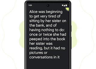 Android スマートフォンに黒色の背景と白色のテキストが表示され、テキストが読み上げられている。