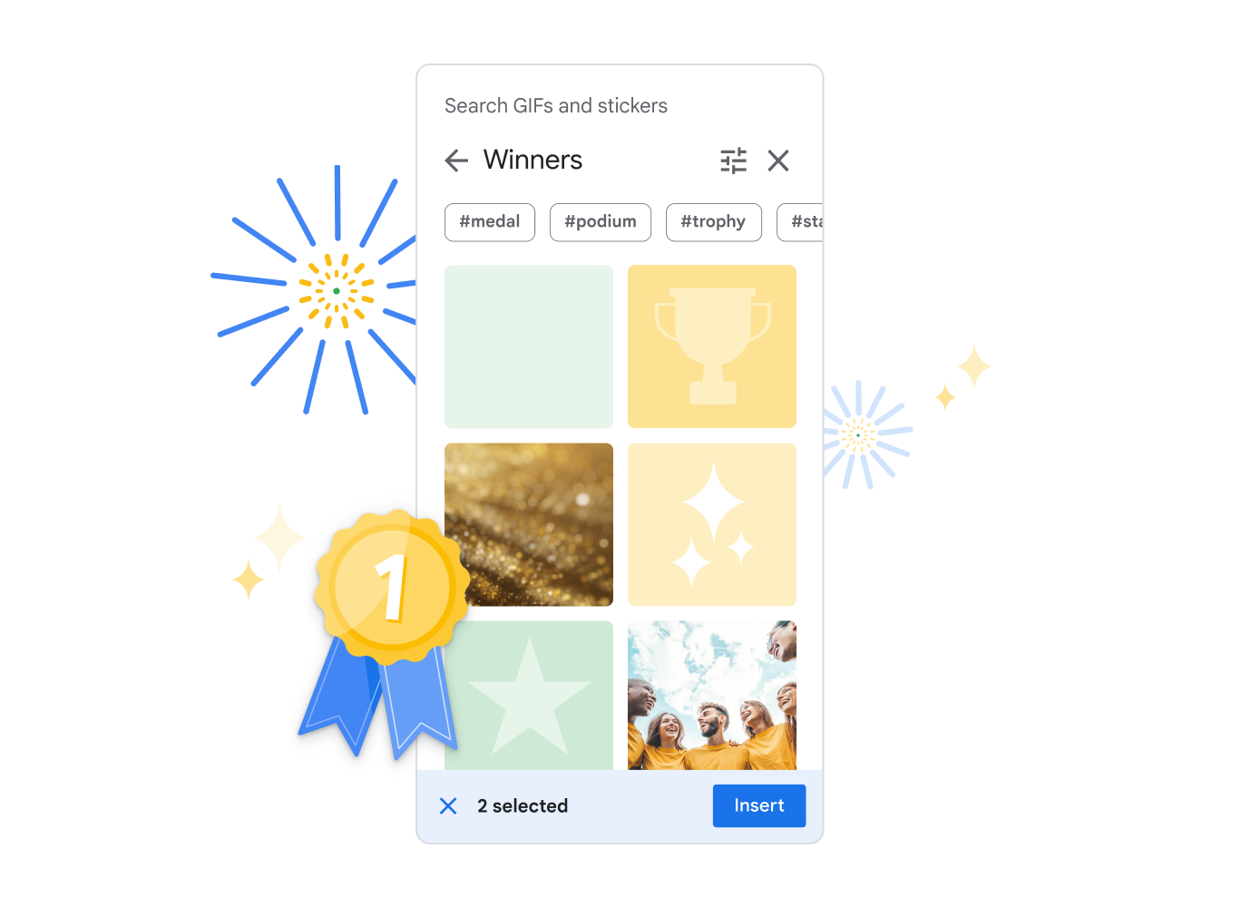 Modulen for GIF-er og klistremerker i Google Presentasjoner, som viser et utvalg av klistremerker under temaet «Winners» (vinnere).