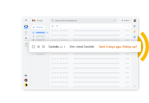 Входяща поща в Gmail с оранжево напомняне за последващо действие