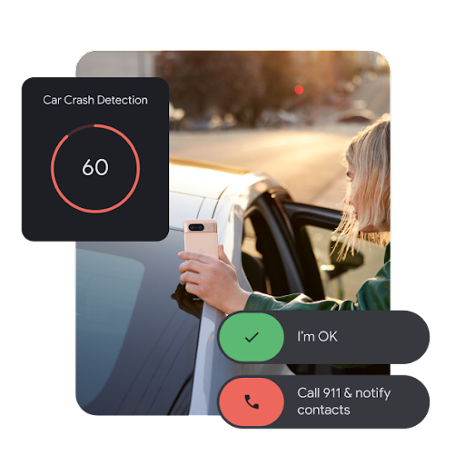 An image of an Android user standing next to their car. A "Car Crash Detection" alert along with buttons for "I'm okay" and "Call 911 & notify contacts" are visible.