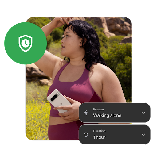 An Android user in workout clothes holds their Pixel phone on a break from exercising. A shield with a clock icon along with buttons for "Reason Walking alone" and "Duration 1 hour" to show the kind of activity the user was participating in.