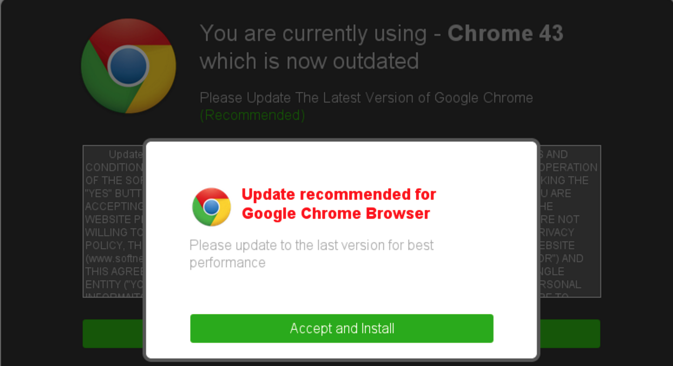 Example of social engineering attempt claiming a browser update is required