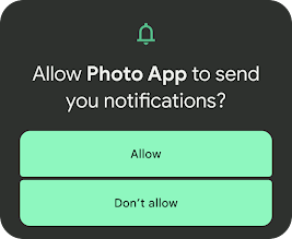 Một thông báo xuất hiện hỏi "Allow Photo App to send you notifications?" (Bạn có cho phép ứng dụng Ảnh gửi thông báo cho bạn không?) với các tuỳ chọn "Allow" (Cho phép) và "Don’t allow" (Không cho phép) ở bên dưới.