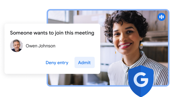 Google Meet 界面弹出一个提示框，上面写着“有人想加入此会议”，并提供了“拒绝加入”和“允许加入”选项。
