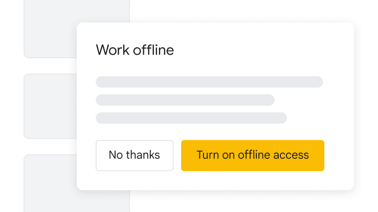 Az „Offline munka” funkció felugró ablaka, sárga gombbal az offline hozzáférés bekapcsolásához és fehér gombbal az offline hozzáférés megtagadásához.