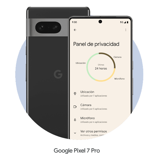 Pantalla de un teléfono Android en la que se muestra el panel de privacidad de Android. Las distintas aplicaciones y su uso se muestran como porciones de un gráfico circular.