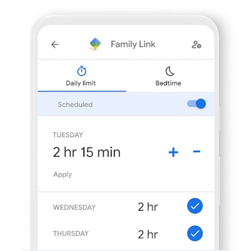A phone featuring how you can set daily time limits for a device with the Family Link app