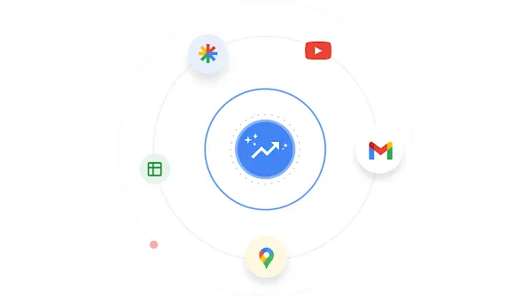 Różne ikony Google rozmieszczone na kole.