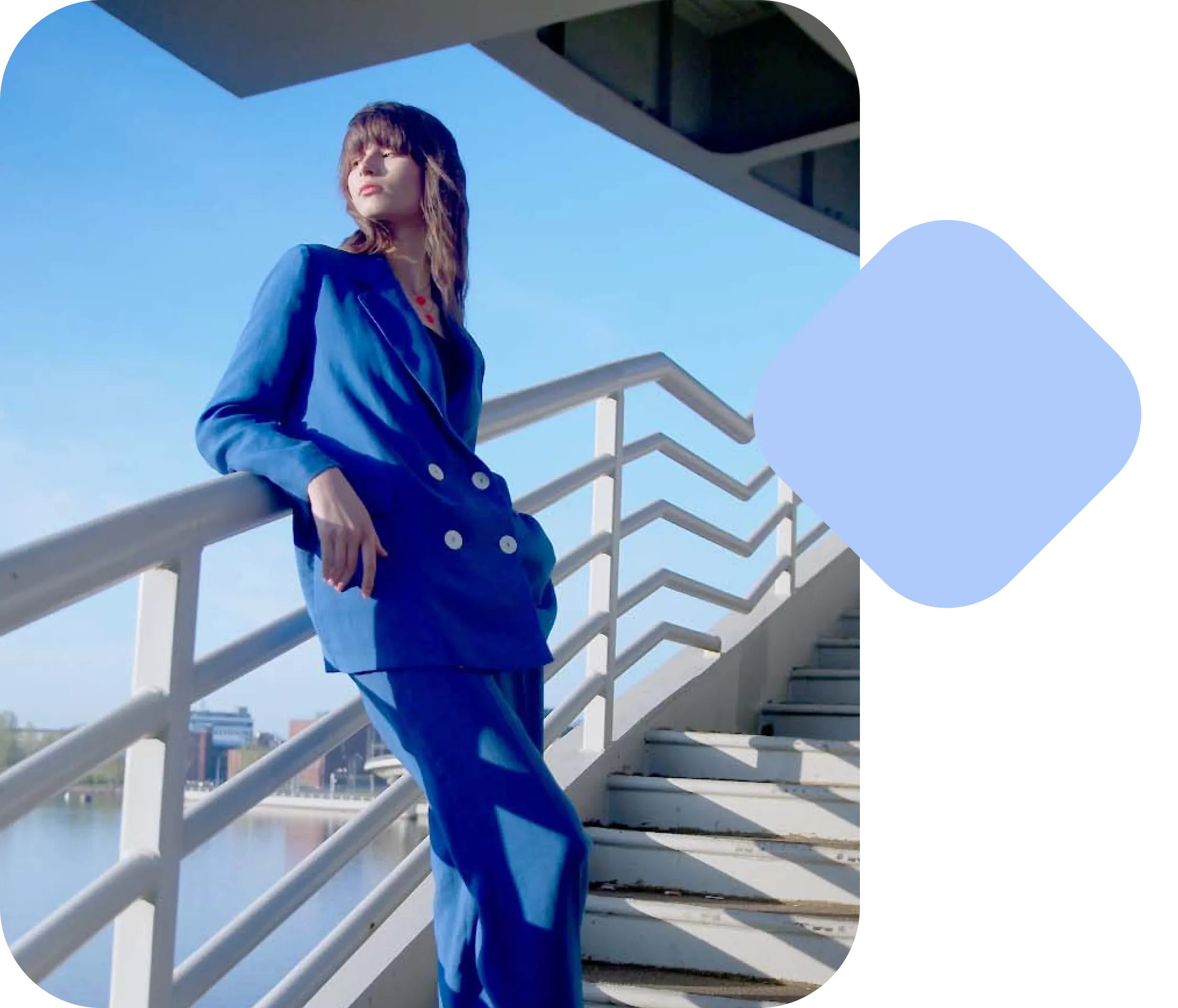 An image of a Lens shopping use case featuring a woman with a blue blazer with an overlapping blue shape.