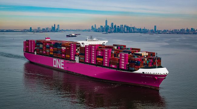 ONE container ship in bright magenta