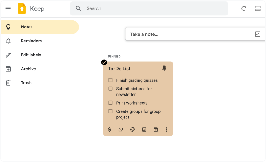 Google Keep is open, showing a checklist of to-dos typed into an orange sticky note that is pinned to the top of the page.