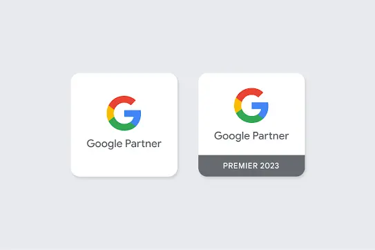 Dua Badge Google yang menunjukkan perbedaan antara badge Partner Google dan badge Partner Google Premier.