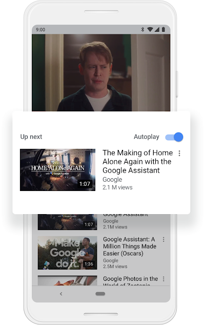 A Google phone showing the Autoplay mode and a thumbnail for a YouTube video.