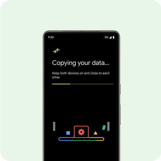 L'écran d'un tout nouveau téléphone Android affiche le message « Sélectionnez vos données », ainsi qu'une liste de contacts, de photos et de vidéos, d'événements d'agenda, de messages, de clavardages WhatsApp et de musique