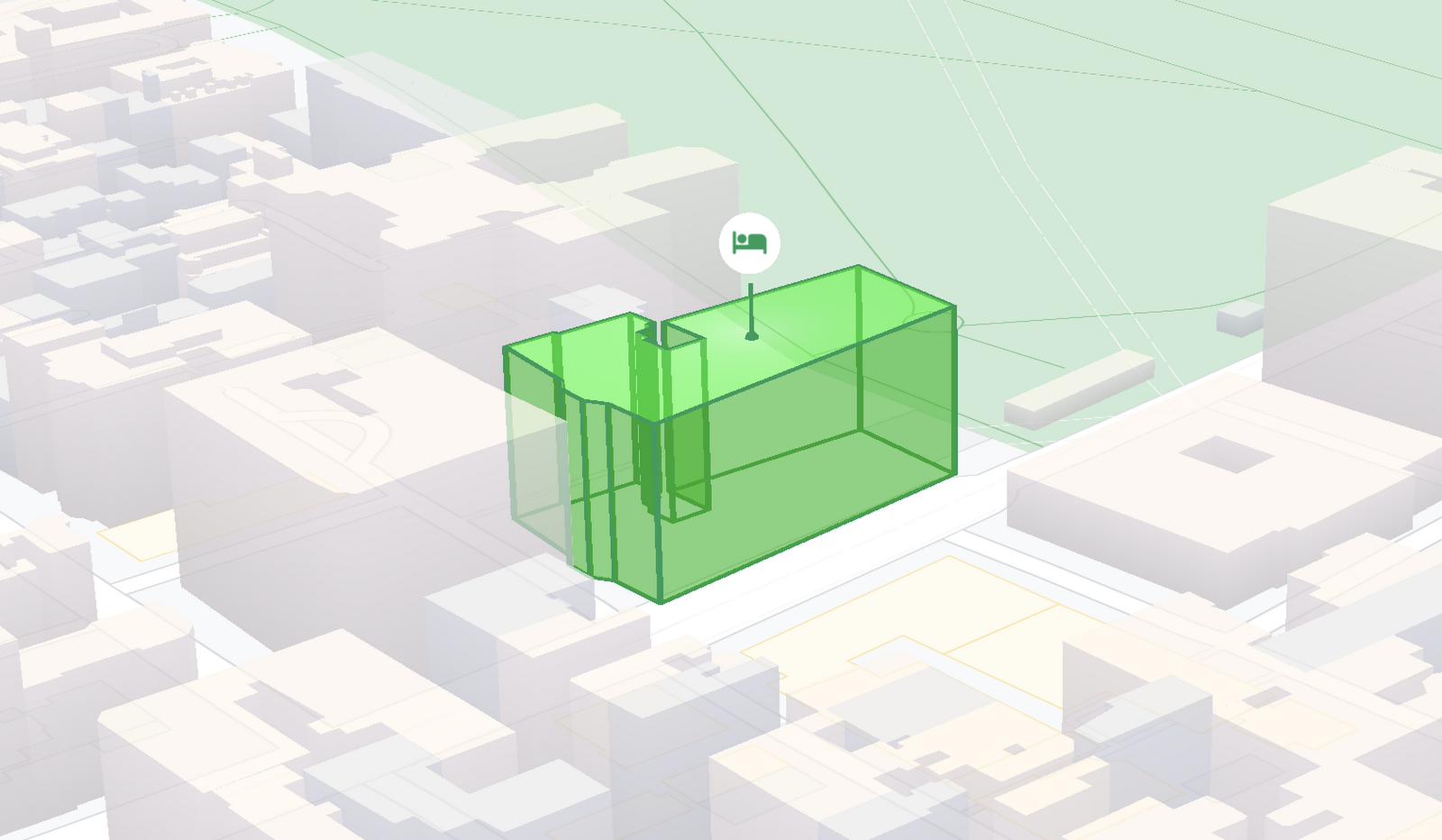 A 3D building model overlaid on a map.