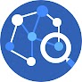 Blue circle icon of magnifying glass focused on one of interconnected nodes