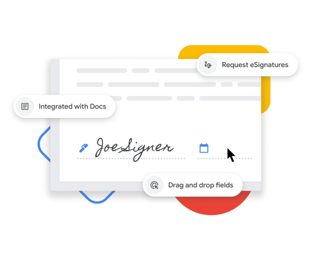 Kuva Google Docsiin integroituvasta sähköisten allekirjoitusten ominaisuudesta, jonka avulla käyttäjät voivat vetää ja pudottaa nimi- ja päivämääräkenttiä. 