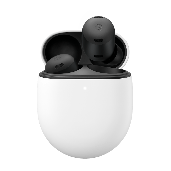 A pair of Pixel Buds Pro in Charcoal, with one earbud tucked in the case and one floating above it