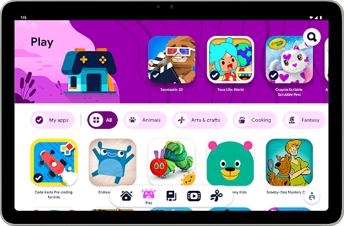 Android tablet with Play open on-screen, showing a selection of kids’ games