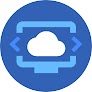 藍色圓形圖示中有一個電腦螢幕，其中顯示一朵雲