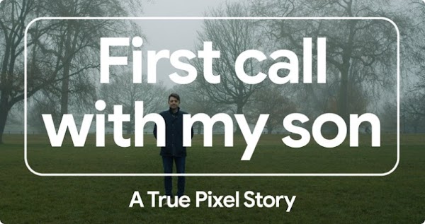 A man wearing a dark jacket stands in a park with trees and fog behind him. Overlaid text reads “First call with my son” and “A True Pixel Story.”
