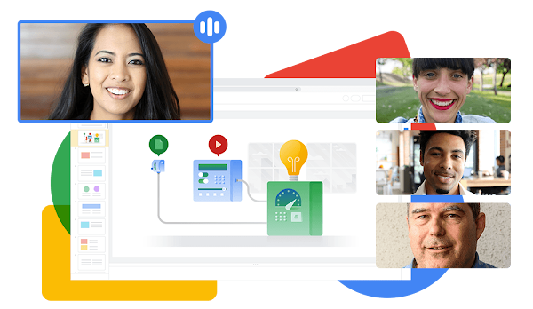 Illustration som visar personer i ett Google Meet-samtal som samarbetar i en presentation i Google Presentationer. 