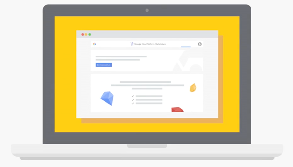 Ilustração de um laptop com o Google Cloud Marketplace na tela