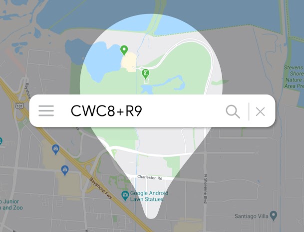 Un mapa con una ubicación marcada con "CWC8+R9"