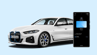 BMW i4 et un téléphone Android mettant en valeur la clé de voiture numérique.