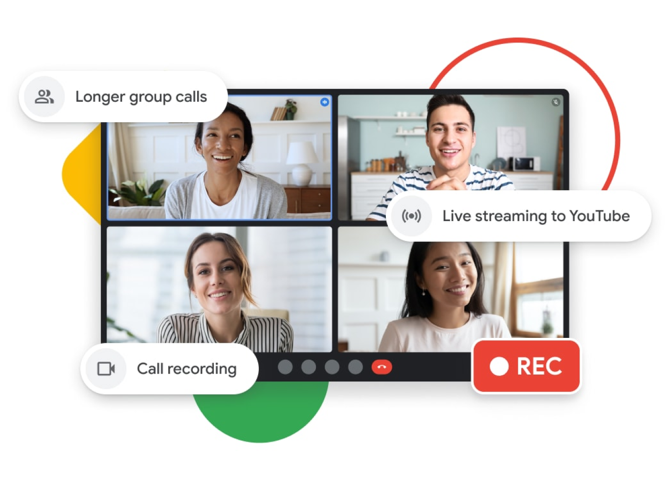 Graphic illustration of a Google Meet call with longer group calls, live streaming to YouTube, and call recording features.