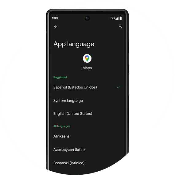 在一部已解锁的 Android 13 手机上，“设置”中显示 Google 地图的应用语言。在“建议”下选中了 Español (Estados Unidos)。