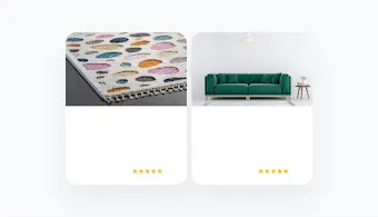 Zwei Shopping-Anzeigen nebeneinander, eine für einen Teppich, die andere für ein Sofa