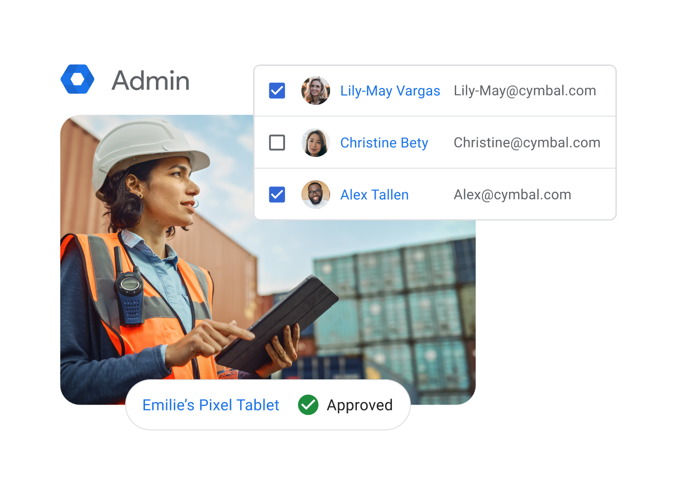 Une femme utilisant une tablette sur un chantier naval, avec en superposition des éléments d'interface utilisateur suggérant qu'elle gère l'accès des employés aux e-mails sur différents appareils.