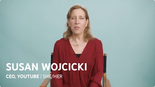 A photo of Susan Wojcicki with her pronouns (she/her) displayed next to her name and title in a "lower third" graphic.
