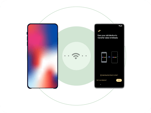 iPhone i nowy telefon z Androidem obok siebie, z symbolem Wi-Fi między nimi. Dwie animowane kropki między symbolem Wi-Fi i telefonami wskazują na bezprzewodowe przesyłanie danych.