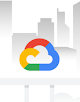 Logotipo do Google Cloud em uma paisagem urbana animada com arranha-céus.