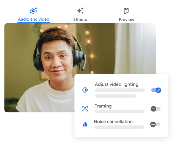 Giao diện người dùng của Google Meet cho thấy các tính năng điều chỉnh độ sáng, lấy khung hình và khử tiếng ồn cho video.