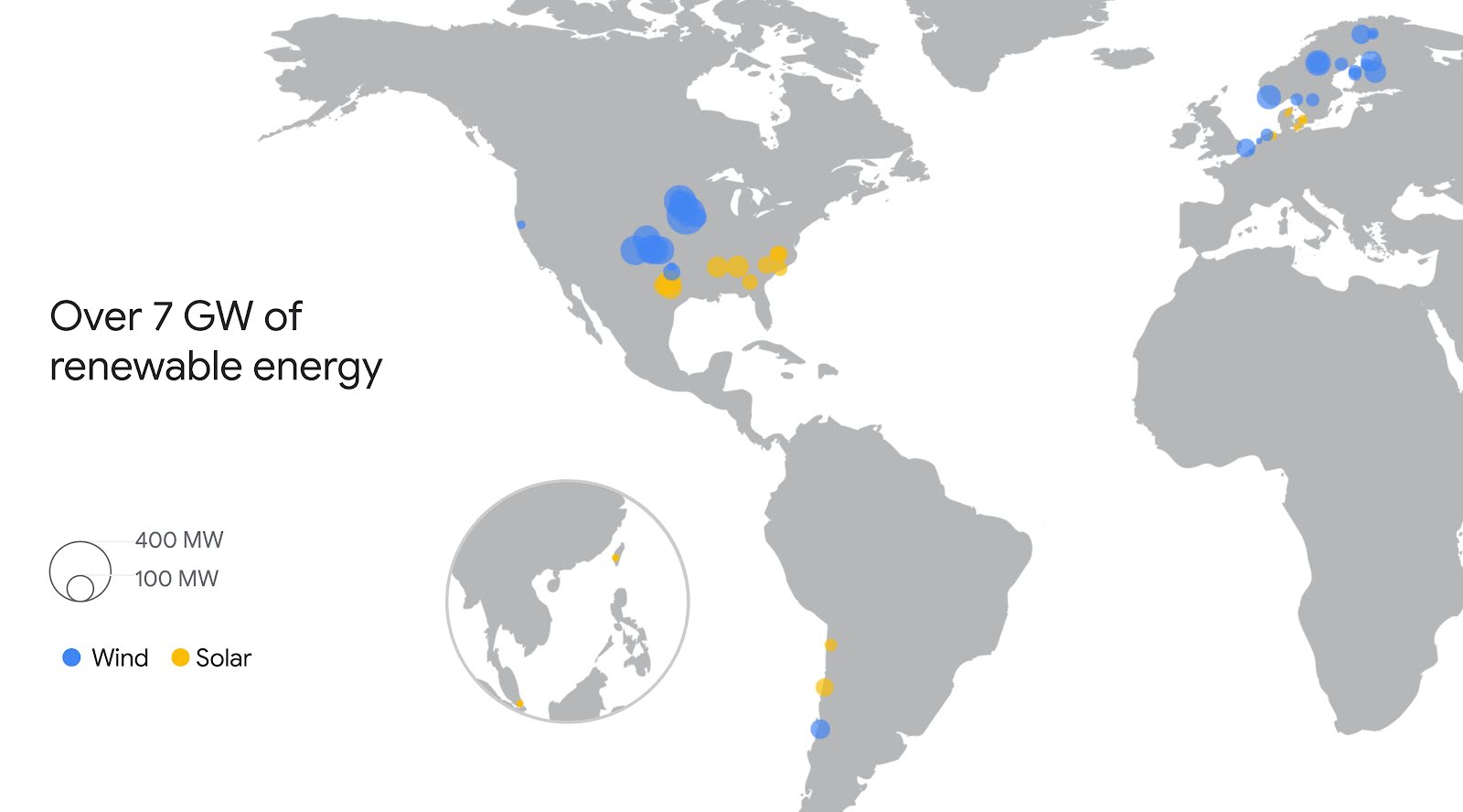 A worldwide map of all Google's renewable energy purchases from 2010-2021, representing more than 7 gigawatts of renewable energy that is new to the grid.