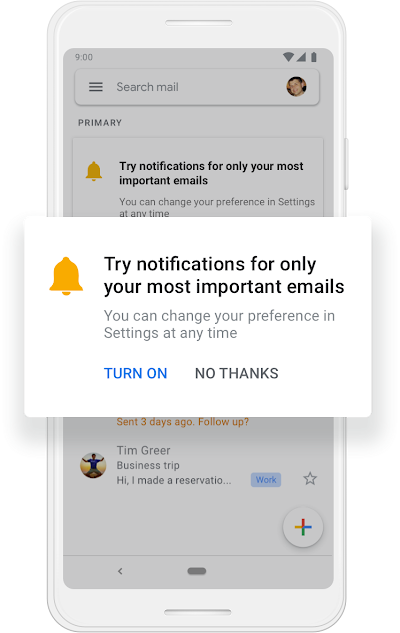 A Google phone screen asking to turn on notifications for their most important emails.