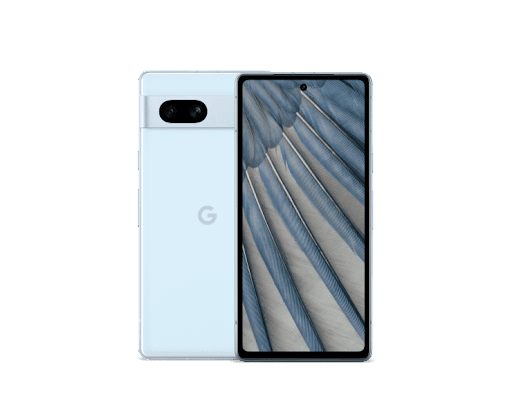 The front and back of a Pixel 7a in Sea. The screen brilliantly displays close-up details of a bird's wing.