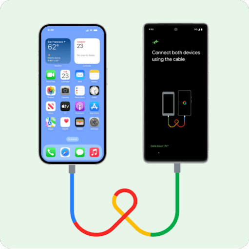 En iPhone og en helt ny Android-telefon ligger ved siden af hinanden og er forbundet med en Lightning til USB-ledning. Dataene overføres nemt fra den pågældende iPhone til den nye Android-telefon.