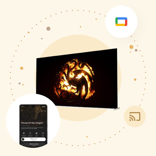 Le logo de l'émission La maison du Dragon diffusée à partir d'Android TV est affiché sur un grand écran. Autour de l'écran se trouve une bulle en orbite avec un téléphone Android. Sur le téléphone se trouvent les informations de contrôle pour Android TV avec le bouton « Regarder sur un téléviseur » mis en évidence.