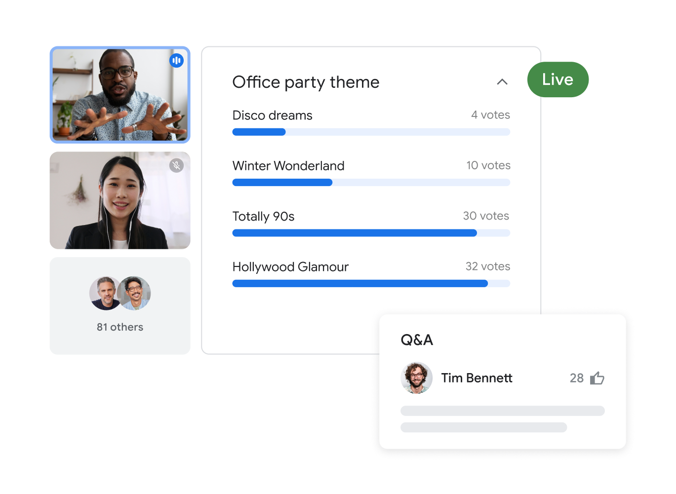 การโทรผ่าน Google Meet ที่มีผู้เข้าร่วม 83 คนซึ่งแสดงภาพผู้ใช้ที่ไฮไลต์ 2 คนกำลังสร้างแบบสำรวจสำหรับธีมปาร์ตี้ของออฟฟิศพร้อมกับตัวเลือกคำตอบ